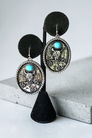 WESTERN TQ GEM ACCENT STEER HEAD ETCHED OVAL DROP EARRING