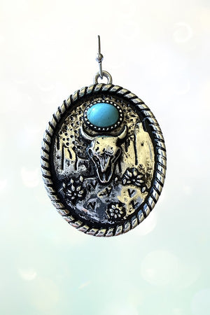 WESTERN TQ GEM ACCENT STEER HEAD ETCHED OVAL DROP EARRING