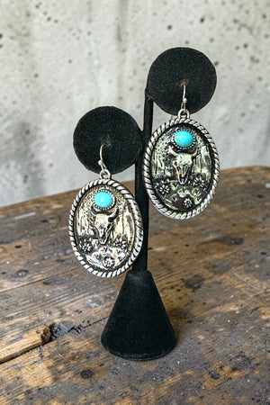 WESTERN TQ GEM ACCENT STEER HEAD ETCHED OVAL DROP EARRING