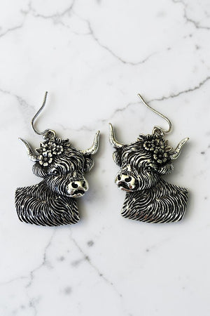WESTERN FLOWER COW DANGLE EARRING