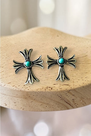 WESTERN TQ GEM CENTERED CROSS STUD EARRING