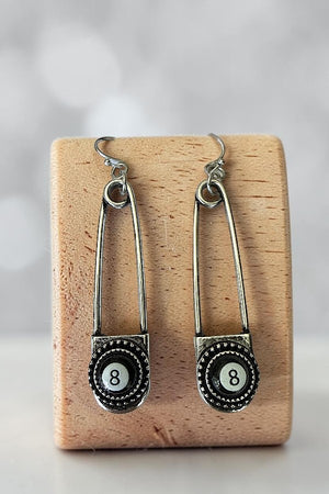 WESTERN 8 BALL SAFETY PIN DANGLE EARRING