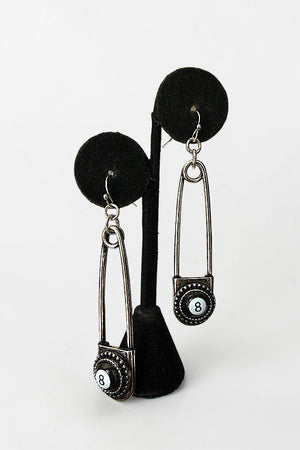 WESTERN 8 BALL SAFETY PIN DANGLE EARRING