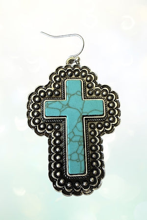 WESTERN TURQUOISE GEM LARGE CROSS DANGLE EARRING