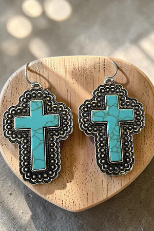 WESTERN TURQUOISE GEM LARGE CROSS DANGLE EARRING