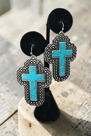 WESTERN TURQUOISE GEM LARGE CROSS DANGLE EARRING