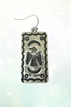 WESTERN THUNDERBIRD ETCHED CONCHO DANGLE EARRING