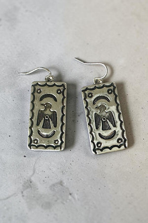 WESTERN THUNDERBIRD ETCHED CONCHO DANGLE EARRING