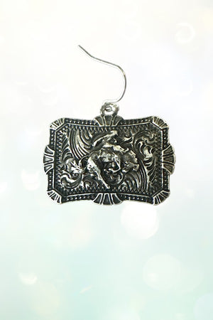 WESTERN BRONC RIDER ETCHED PLATE DANGLE EARRING