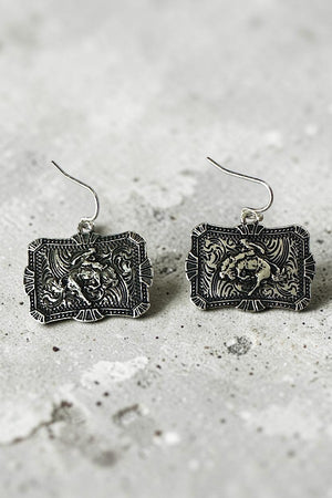 WESTERN BRONC RIDER ETCHED PLATE DANGLE EARRING