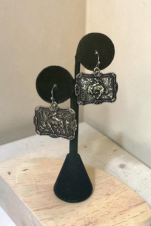 WESTERN BRONC RIDER ETCHED PLATE DANGLE EARRING