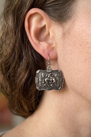 WESTERN BRONC RIDER ETCHED PLATE DANGLE EARRING