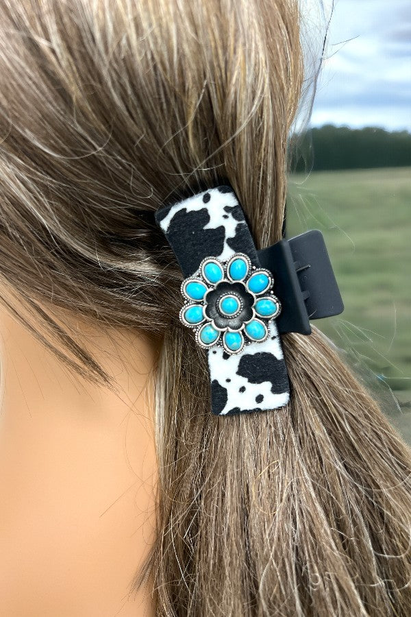 WESTERN COWHIDE TQ FLOWER CONCHO HAIR CLAW CLIPS