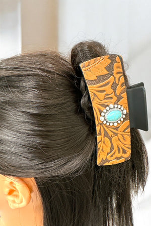 Western Turquoise Gem Concho Brown Hair Claw