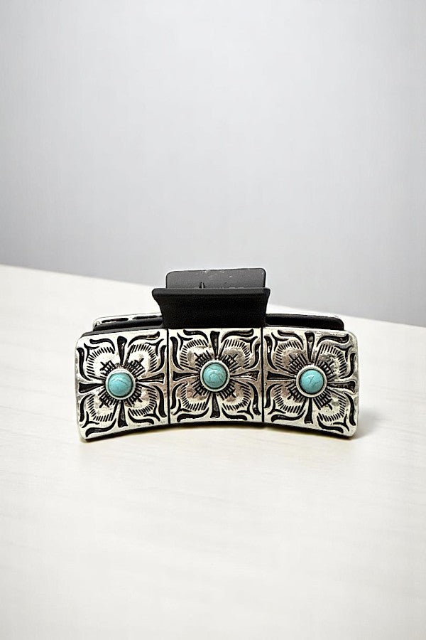 WESTERN THREE FLOWER TQ GEM METAL PLATE HAIR CLAW