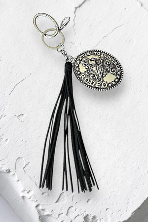 WESTERN TIME TO SADDLE RODEO PLATE TASSEL DANGLE KEYCHAIN