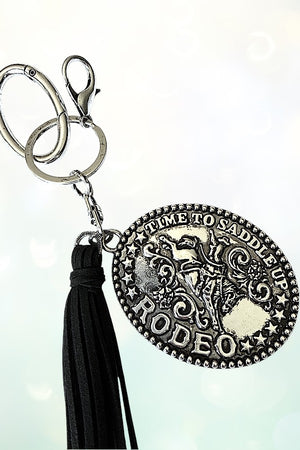 WESTERN TIME TO SADDLE RODEO PLATE TASSEL DANGLE KEYCHAIN