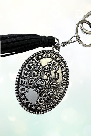 WESTERN TIME TO SADDLE RODEO PLATE TASSEL DANGLE KEYCHAIN
