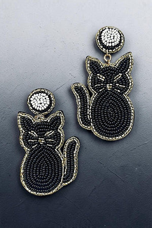 SEED BEAD BLACK CAT DANGLE EARRING