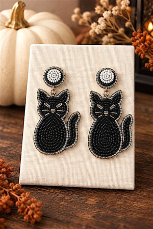 SEED BEAD BLACK CAT DANGLE EARRING