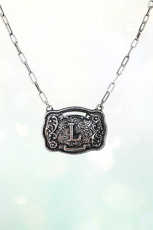 WESTERN THEME METAL BUCKLE INITIAL PENDANT NECKLACE