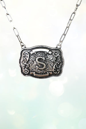 WESTERN THEME METAL BUCKLE INITIAL PENDANT NECKLACE