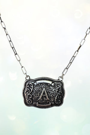 WESTERN THEME METAL BUCKLE INITIAL PENDANT NECKLACE