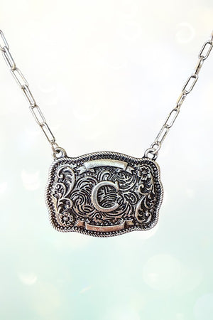 WESTERN THEME METAL BUCKLE INITIAL PENDANT NECKLACE