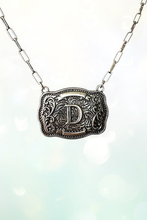 WESTERN THEME METAL BUCKLE INITIAL PENDANT NECKLACE