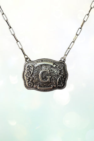 WESTERN THEME METAL BUCKLE INITIAL PENDANT NECKLACE