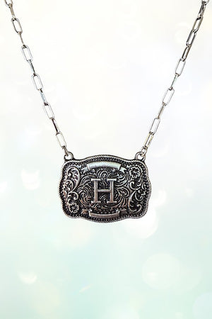 WESTERN THEME METAL BUCKLE INITIAL PENDANT NECKLACE