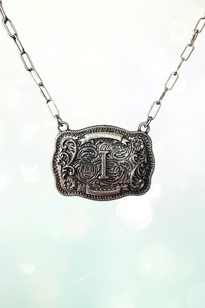 WESTERN THEME METAL BUCKLE INITIAL PENDANT NECKLACE