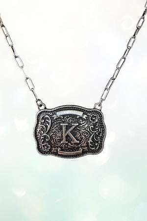 WESTERN THEME METAL BUCKLE INITIAL PENDANT NECKLACE