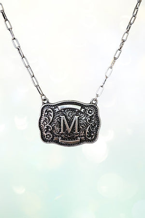 WESTERN THEME METAL BUCKLE INITIAL PENDANT NECKLACE