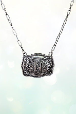 WESTERN THEME METAL BUCKLE INITIAL PENDANT NECKLACE