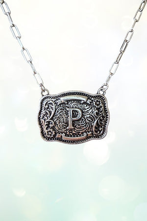 WESTERN THEME METAL BUCKLE INITIAL PENDANT NECKLACE