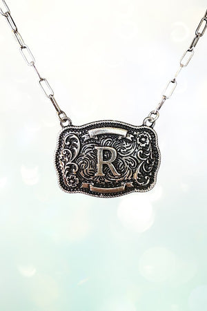 WESTERN THEME METAL BUCKLE INITIAL PENDANT NECKLACE