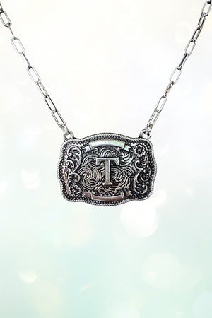 WESTERN THEME METAL BUCKLE INITIAL PENDANT NECKLACE