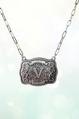 WESTERN THEME METAL BUCKLE INITIAL PENDANT NECKLACE