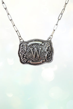 WESTERN THEME METAL BUCKLE INITIAL PENDANT NECKLACE