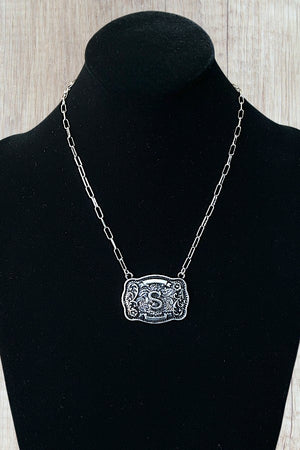 WESTERN THEME METAL BUCKLE INITIAL PENDANT NECKLACE