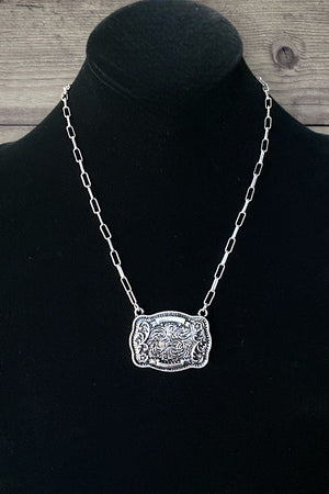 WESTERN PRINT ETCHED BUCKLE PENDANT NECKLACE