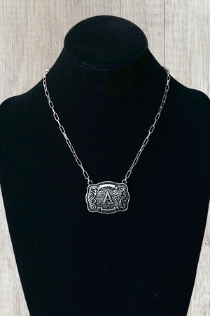 WESTERN THEME METAL BUCKLE INITIAL PENDANT NECKLACE