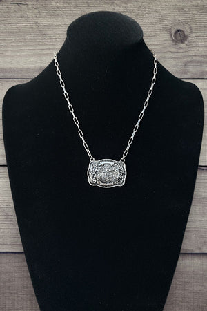 WESTERN PRINT ETCHED BUCKLE PENDANT NECKLACE