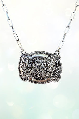 WESTERN PRINT ETCHED BUCKLE PENDANT NECKLACE