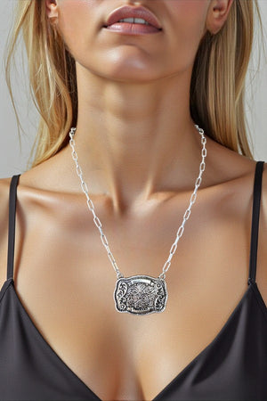 WESTERN PRINT ETCHED BUCKLE PENDANT NECKLACE
