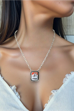 WESTERN FRAMED ETCHED VINTAGE COWBOY KILLER PORTRAIT PENDANT CHAIN NECKLACE