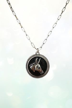 WESTERN DONKEY HEAD BLACK ROUND PORTRAIT PENDANT NECKLACE