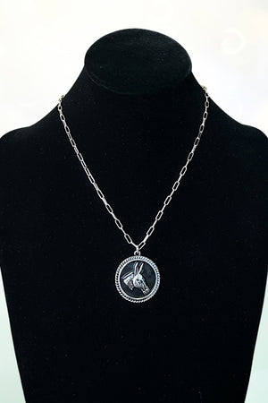 WESTERN DONKEY HEAD BLACK ROUND PORTRAIT PENDANT NECKLACE