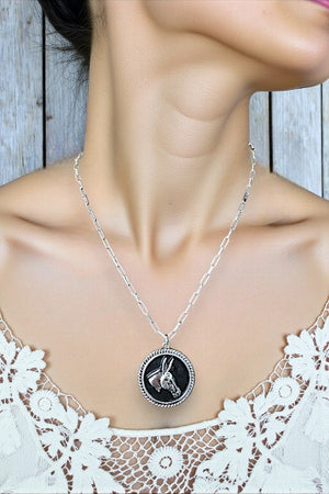 WESTERN DONKEY HEAD BLACK ROUND PORTRAIT PENDANT NECKLACE